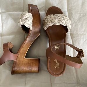 Seychelles sz 10 wooden platform heel with macrame detail and leather straps